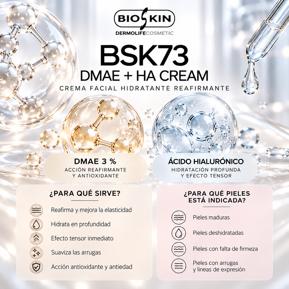 BSK73 DMAE + HA CREAM | Crema Facial Hidratante y Reafirmante BioSkin 50 ml