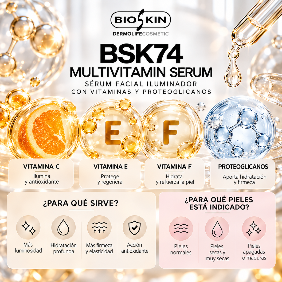 BSK74 MULTIVITAMIN SERUM | Sérum Facial Iluminador con Vitaminas y Proteoglicanos BioSkin 30 ml
