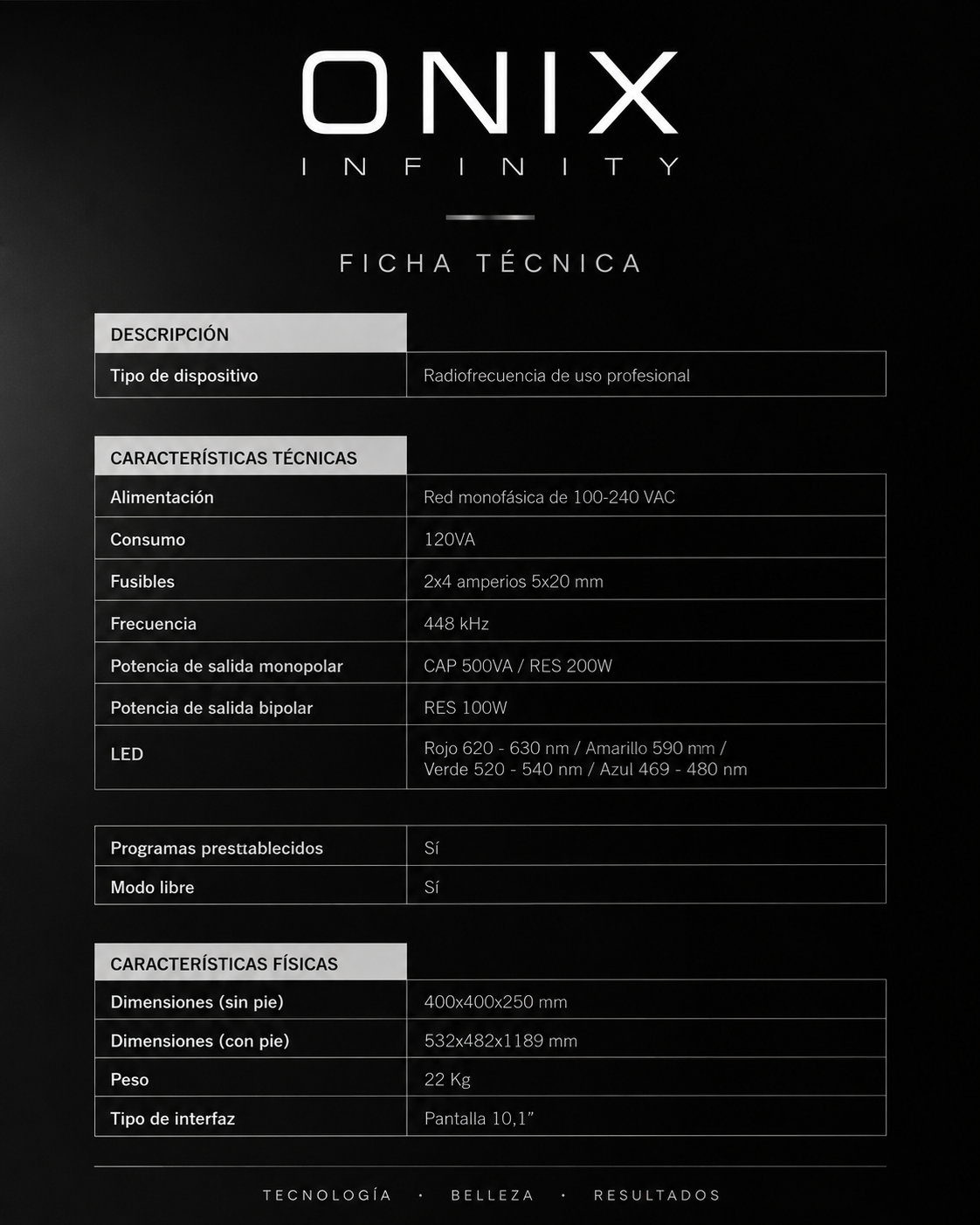 ONIX INFINITY | Radiofrecuencia 448 kHz + Fototerapia LED