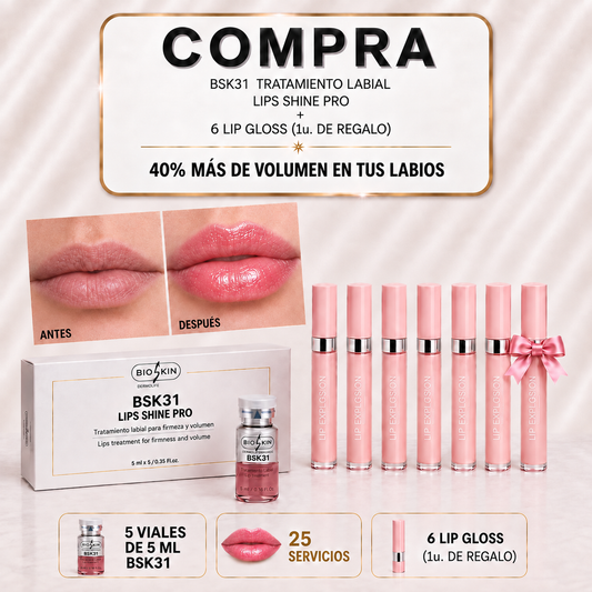 BSK31 Lips Shine Pro + 6 Glosses + 1 de REGALO 🎁 | Tratamiento Profesional de Volumen e Hidratación Labial